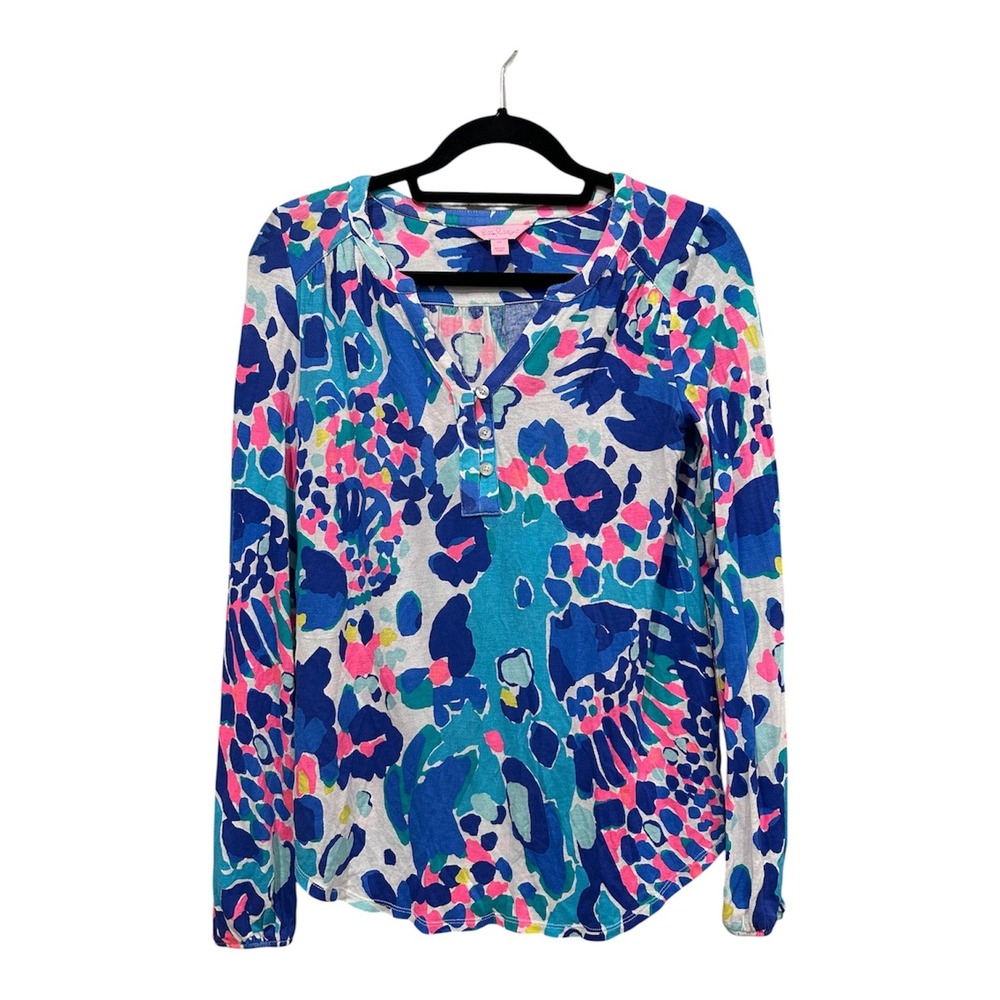 Lilly Pulitzer Etta V-Neck Henley Top Blue Pink Floral Print XS Long Sleeve